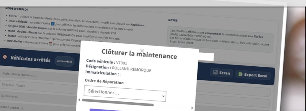 Écran GestParc des véhicules arrêtés avec clôture de maintenance et export Excel